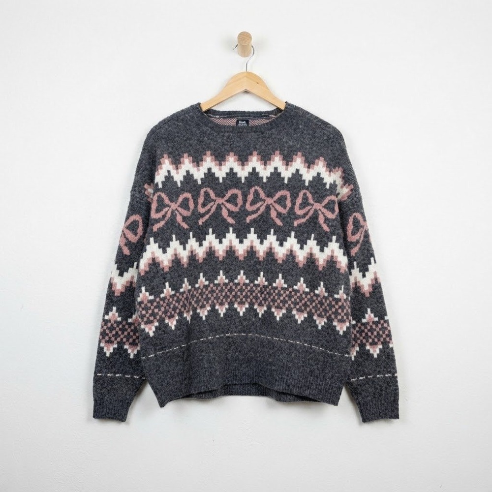 Beverly & Beck Coquette Bow Fair Isle Knit Sweater Grey Pink Oversized L/XL